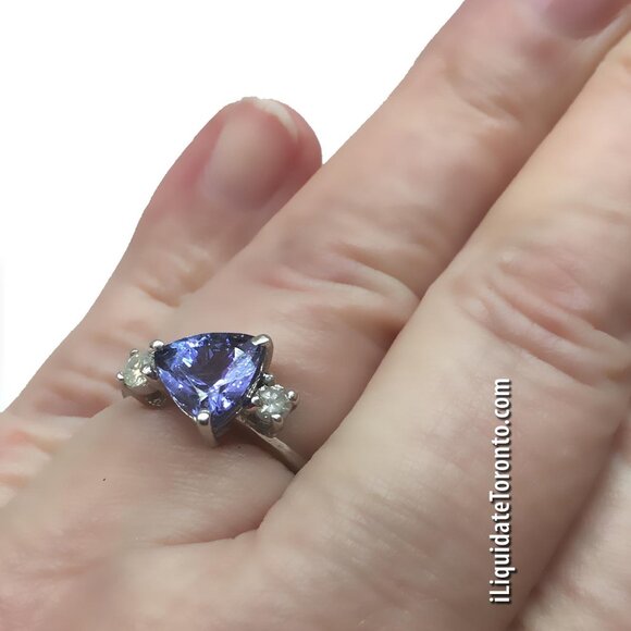 14K White Gold Diamond & Blue Trillion Cut Tanzanite Ring. Real Gemstones! - Picture 8 of 12